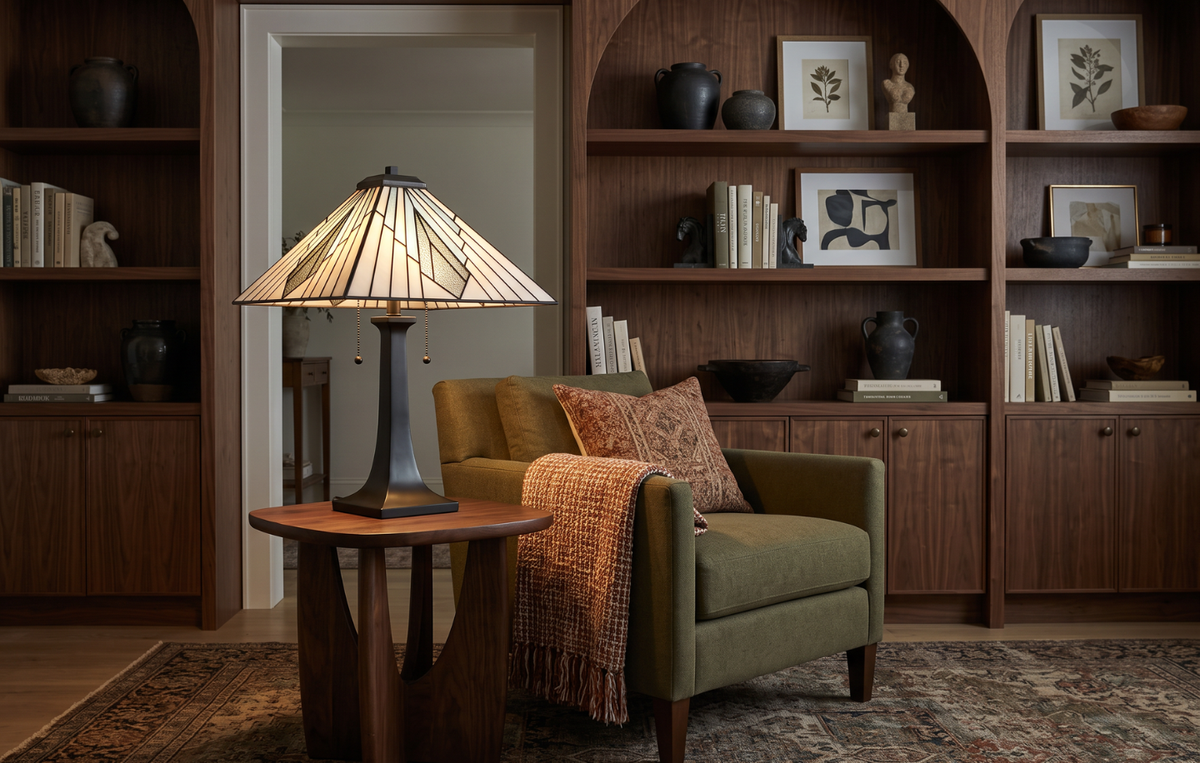 Tiffany-style table lamp with geometric art glass shade and matte black base beside an upholstered reading chair in a warm home library
