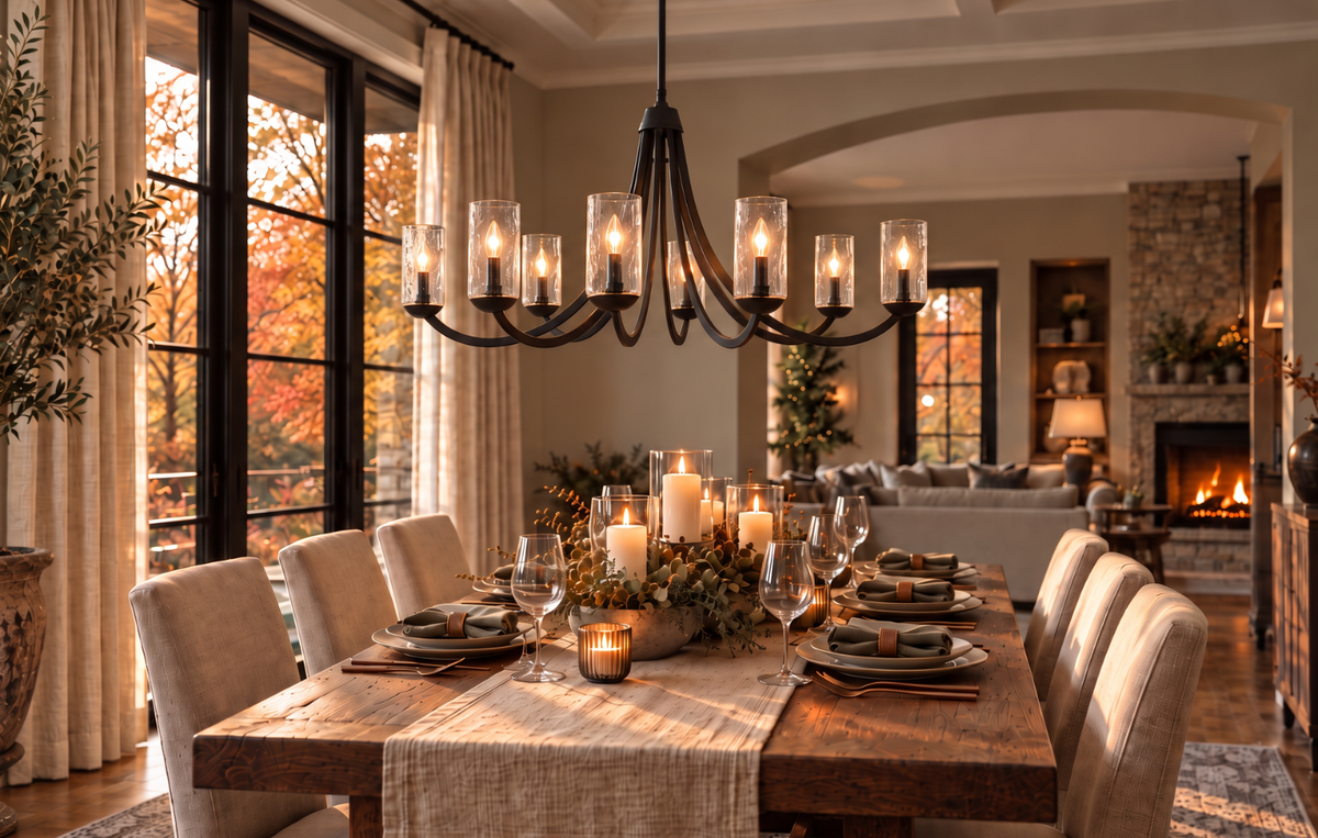 Matte black chandelier with clear glass shades above a dining table set for holiday entertaining