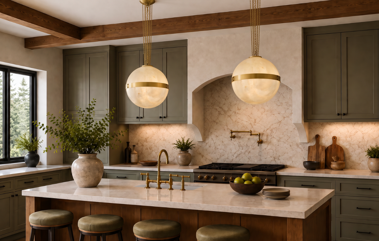 Brushed gold globe pendant lights above a kitchen island with warm wood and neutral finishes