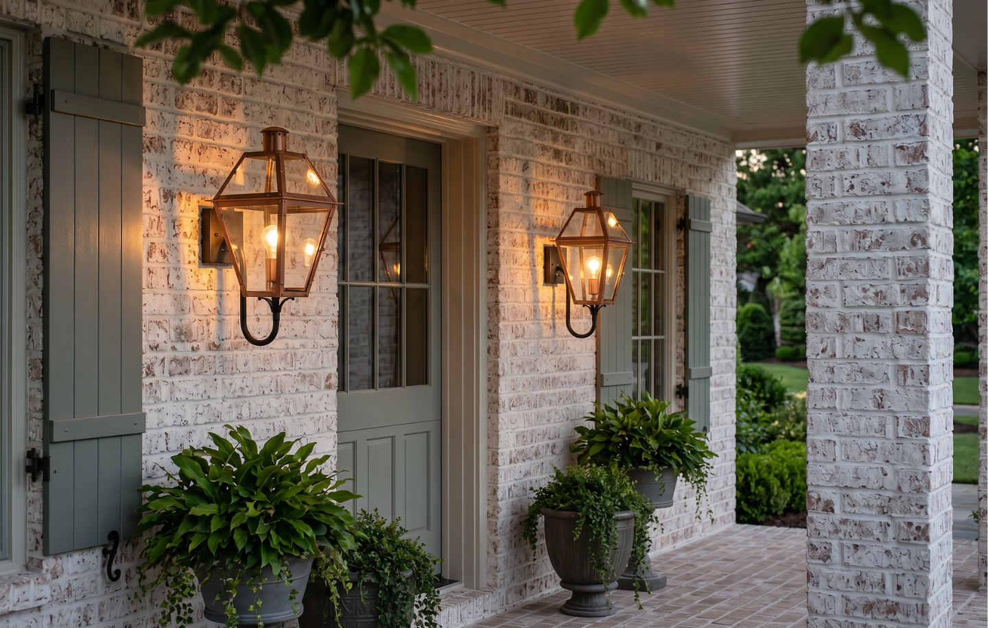 Rue De Royal copper lanterns on a white brick front porch showcasing classic outdoor lighting inspired by historic gas lantern design