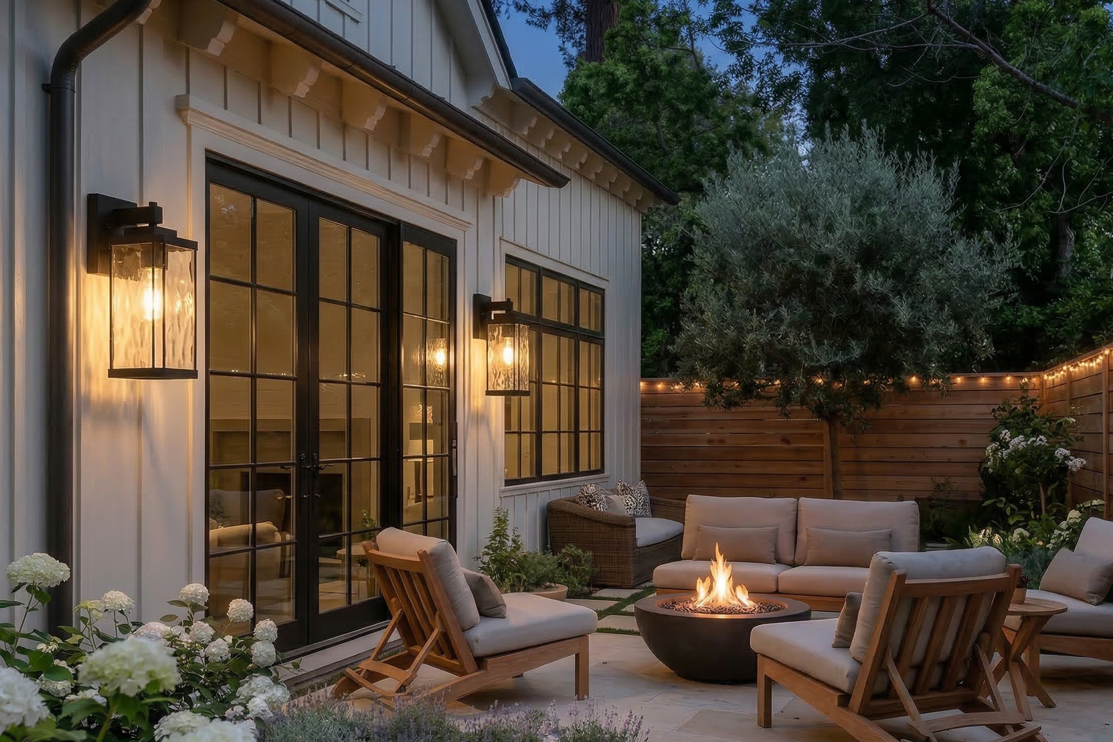 One light matte black outdoor wall lantern with clear hammered glass installed beside patio doors with outdoor seating and fire pit at dusk