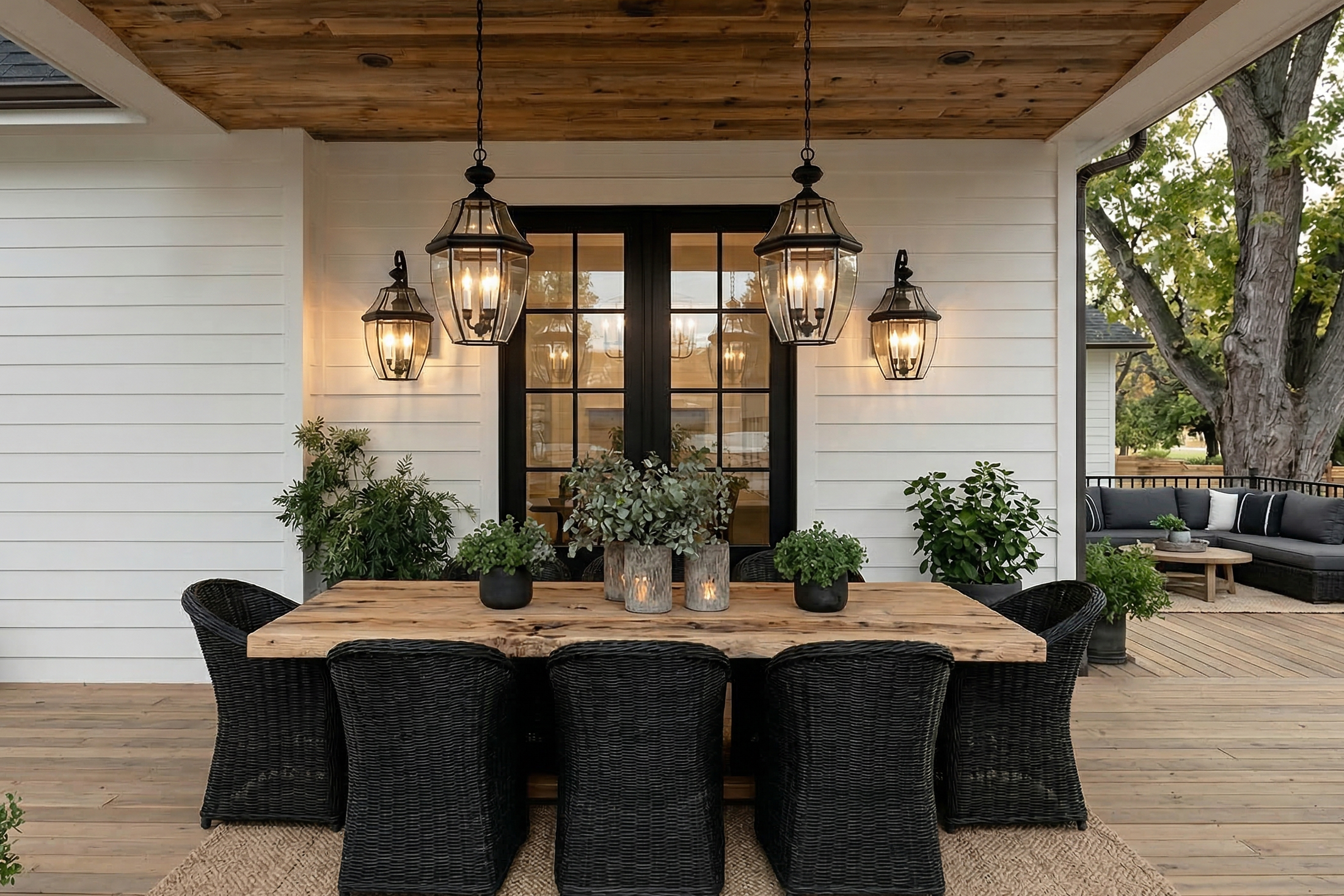 outdoor dining patio with hanging pendant lights and wall lanterns over table