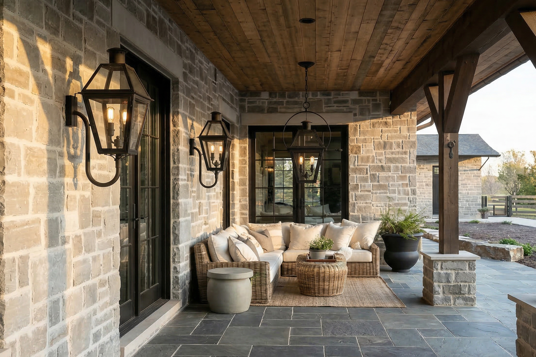 outdoor patio lighting with wall lanterns and hanging pendant over covered porch seating area
